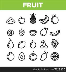 Collection Nature Fruit Elements Vector Icons Set Thin Line. Pineapple And Apple, Strawberry And Grape, Cherry And Lemon Delicious Fruit Concept Linear Pictograms. Monochrome Contour Illustrations. Collection Nature Fruit Elements Vector Icons Set