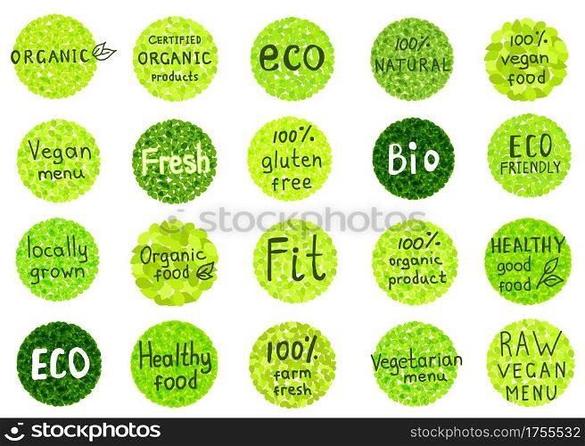 Collection of 100% organic, natural, bio,farm, healthy food labels. Badges for vegan cafe, restaurant menu, products packaging. Hand drawn vector templates.