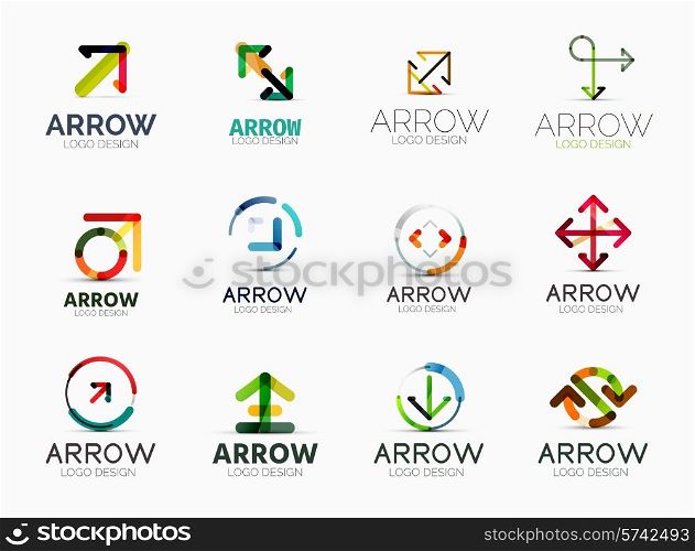 Collection of 12 arrow company logotypes, business symbols, icons, concepts