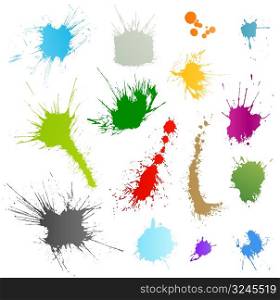 Collection of 15 different ink splatter symbol vector illustrations. Color coded and very highly detailed.