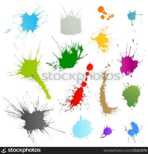 Collection of 15 different ink splatter symbol vector illustrations. Color coded and very highly detailed.