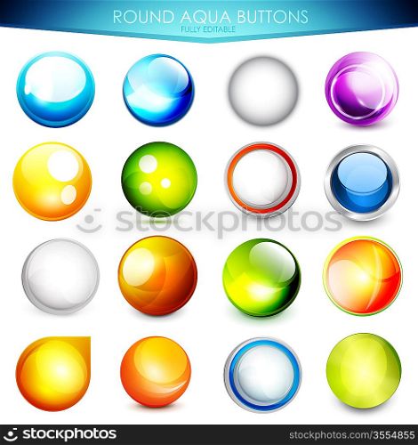 Collection of 16 various colorful aqua buttons - glossy shiny spheres. Fully editable EPS10 vector illustration