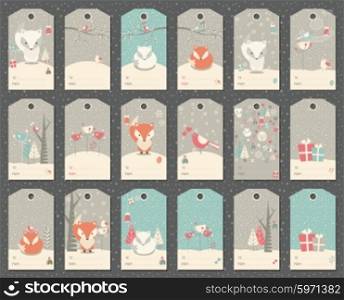 Collection of 18 Christmas and New Year gift tags with foxes, birds and trees, vector illustration