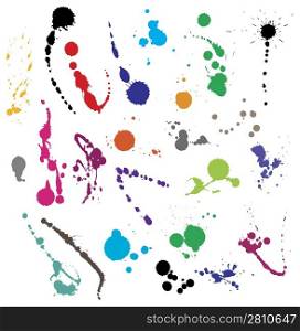 Collection of 24 different ink splatter symbol vector illustrations. Color coded and highly detailed.