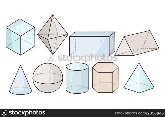 Collection of 3d geometric figures for math school study class or session. Set of regular shapes and forms, circle, triangular and rectangular. Mathematics and science concept. Vector illustration. . Set of 3d geometric figures for math class