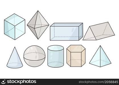 Collection of 3d geometric figures for math school study class or session. Set of regular shapes and forms, circle, triangular and rectangular. Mathematics and science concept. Vector illustration. . Set of 3d geometric figures for math class