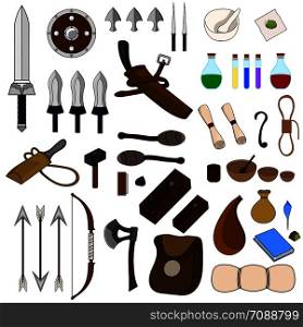Collection of 46 Items for Adventure isolated on white background. Adventurer Equipments. Medieval Weapons, Bags, Magic Potions, Crockery, Torchs, Bow, Scroll. Vector illustration for Your Design.