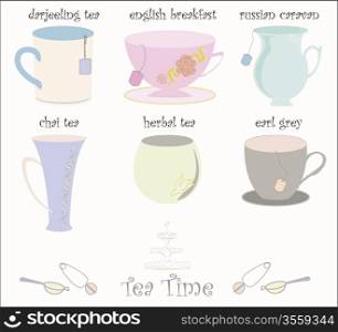 Collection of 6 vector teacups in cute vector style