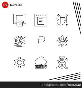 Collection of 9 Vector Icons in Line style. Pixle Perfect Outline Symbols for Web and Mobile. Line Icon Signs on White Background. 9 Icons.. Creative Black Icon vector background