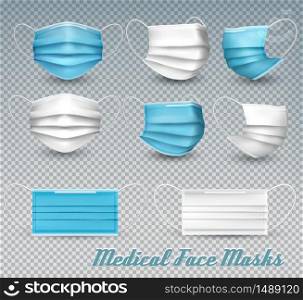 Collection of a blue and white medical face masks isolated on transparent background. To protect from infection and coronavirus Covid -19. Realistic Vector Illustration.
