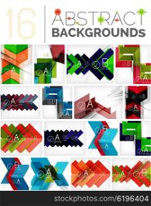 Collection of abstract backgrounds - repetition of geometric shapes, arrows, pattern with option infographics text. Colorful geometric universal template, bright unusual banner design, text presentation backdrop