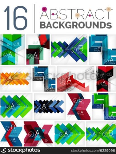 Collection of abstract backgrounds - repetition of geometric shapes, arrows, pattern with option infographics text. Colorful geometric universal template, bright unusual banner design, text presentation backdrop