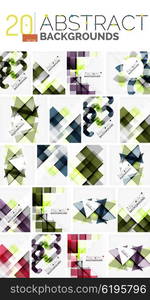 Collection of abstract backgrounds - repetition of multicolored transparent squares and swirl lines, geometric pattern set. Colorful geometric universal templates, bright unusual banner designs, text presentation backdrops