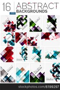 Collection of abstract backgrounds - repetition of multicolored transparent squares and swirl lines, geometric pattern set. Colorful geometric universal templates, bright unusual banner designs, text presentation backdrops