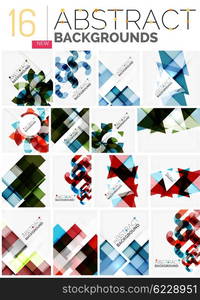 Collection of abstract backgrounds - repetition of multicolored transparent squares and swirl lines, geometric pattern set. Colorful geometric universal templates, bright unusual banner designs, text presentation backdrops