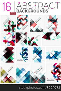 Collection of abstract backgrounds - repetition of multicolored transparent squares and swirl lines, geometric pattern set. Colorful geometric universal templates, bright unusual banner designs, text presentation backdrops