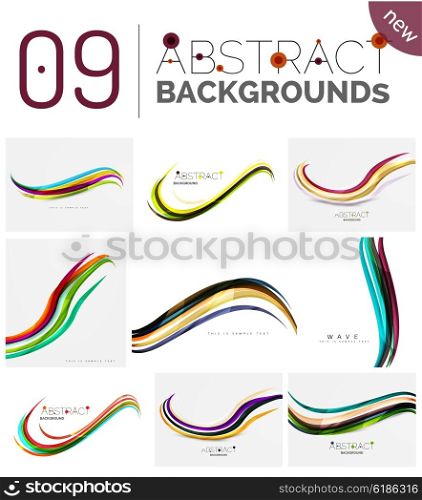 Collection of abstract backgrounds - wave and swirl lines, geometric flowing motion pattern. Business and technology universal templates, bright unusual banner designs, text presentation backdrops