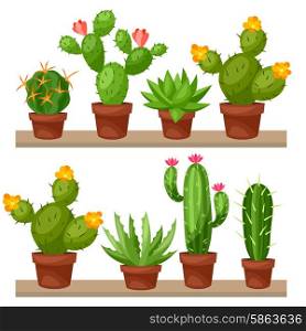 Collection of abstract cactuses in flower pot on shelves. Collection of abstract cactuses in flower pot on shelves.