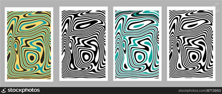 Collection of abstract textured backgrounds in op art style. Black and white and color. Vector illustration.