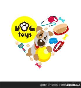 Collection of accessories for dogs, arranged in the shape of a heart. Vector illustration. Products for dogs. Jack Russell Terrier with a ball.