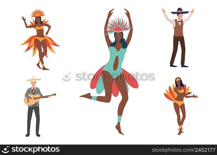 Collection of African dancers and men in Sombreros. Flat cartoon characters in national costumes. Can be used for advertisement, poster, placard. Collection of African dancers and men in Sombreros