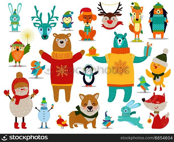 Collection of animals and snowmen, all of them are dressed in sweaters and warm knitted hats, bear stands with cake and present on vector illustration. Collection of Animals, Snowmen Vector Illustration