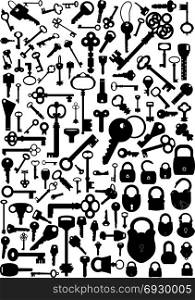 Collection of antique and modern keys and padlocks, vector illustration