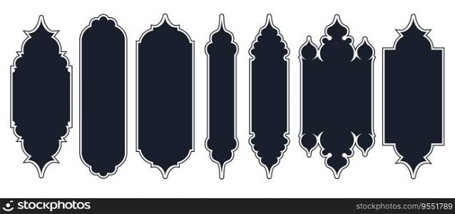 Collection of arabian oriental windows, arches and doors Modern design isolated in black for frames, patterns. Mosque dome and lanterns Islamic ramadan kareem and eid mubarak style Vector illustration. Collection of arabian oriental windows, arches and doors. Modern design in black for frames, patterns Mosque dome and lanterns Islamic ramadan kareem and eid mubarak style. Vector illustration