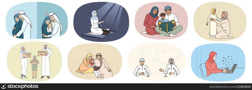 Collection of Arabian people in traditional clothes daily life. Set of Arabic men and women show cultural and natural diversity. Muslim ethnicity and Islam religion. Vector illustration. . Collection of diverse Arabian people in traditional clothes