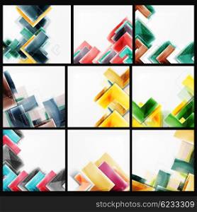 Collection of arrow abstract backgrounds. Set of vector web brochures, internet flyers, wallpaper or cover poster designs. Geometric style, colorful realistic glossy arrow shapes, blank templates with copyspace. Directional idea banners.
