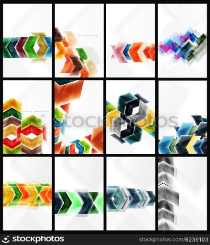 Collection of arrow abstract backgrounds. Set of vector web brochures, internet flyers, wallpaper or cover poster designs. Geometric style, colorful realistic glossy arrow shapes, blank templates with copyspace. Directional idea banners.