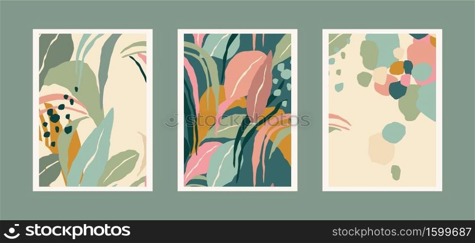 Collection of art prints with abstract leaves. Modern design for posters, covers, cards, interior decor and other users. Proportion A4.. Collection of art prints with abstract leaves. Modern design for posters, covers, cards, interior decor and other users.