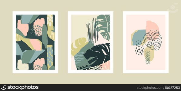 Collection of art prints with abstract tropical leaves. Modern design for posters, covers, cards, interior decor and other users. Proportion A4.. Collection of art prints with abstract tropical leaves. Modern design for posters, covers, cards, interior decor and other users.