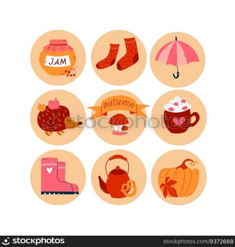 Collection of Autumn Icons - autumn cozy symbols. Icons for web and social networks. Collection of Autumn Icons - autumn cozy symbols