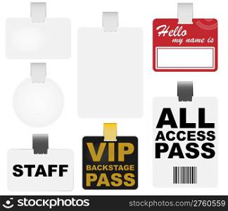 Collection of Badges - Blank, VIP Backstage Pass and Name Tag