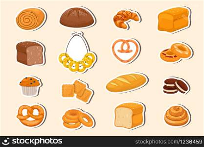 Collection of bakery stickers on light background. Pastry products - bread, cookies, roll, croissant, baguette, bagel and other.