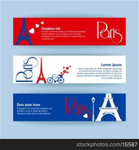 Collection of banners and ribbons with Paris landmark buildings isolated vector illustration