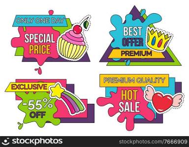 Collection of banners designed for sale and discount announcement. Isolated set of promotional stickers and stripes with blots. Crown and cupcake, heart and rainbow icons with shop offers, vector. Special Offer and Hot Sale Banners Collection