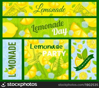 Collection of banners for advertising lemonade. Hand-drawn glass glasses with ice cubes and lemon slices. Stickers with the inscription lemonade, vector illustration. Refreshing summer drink.. Collection of banners for advertising lemonade.