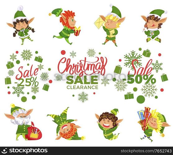 Collection of banners for christmas sale and discounts. Isolated set of elves and promotional discounts for shops and stores. Leprechauns with long ears. 50 Percent off offering for clients, vector. Christmas Sale and Discounts , Xmas Elves Kids Set