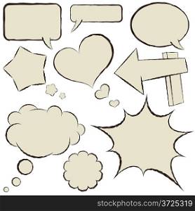 Collection of beige comic speech bubbles in hand drawn style.