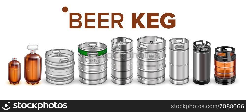 Collection Of Beverage Keg Barrel Cask Set Vector. Different Material And Size. Stainless Steel, Glass And Plastic Container For Storage And Botteling Alcoholic Drink. Realistic 3d Illustration. Collection Of Beverage Keg Barrel Cask Set Vector