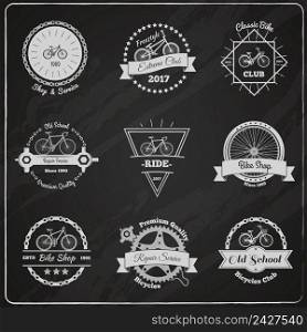 Collection of bicycle vintage emblems on chalkboard with flat wheels chains decorative design elements and captions vector illustration. Bike Chalkboard Emblems Set