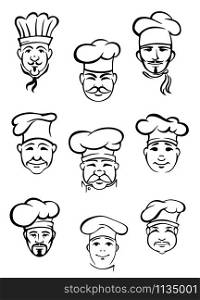 Collection of black and white vector doodle sketches of the heads of chefs in traditional toques with nine different variations. Collection of chefs in traditional toques