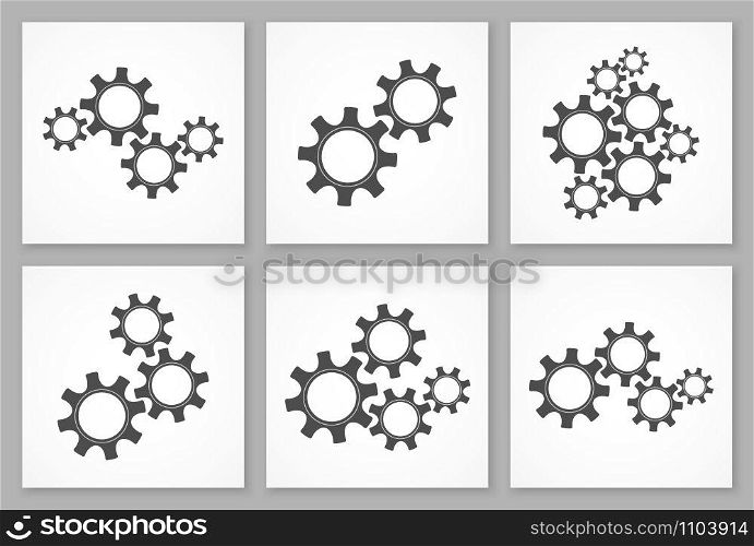 Collection of black gears business vector illustration. Cooperation concept element set, six engine systems with cog and gear signify human communication and teamwork. Cogwheel web design graphic.. Collection of black gears business illustration