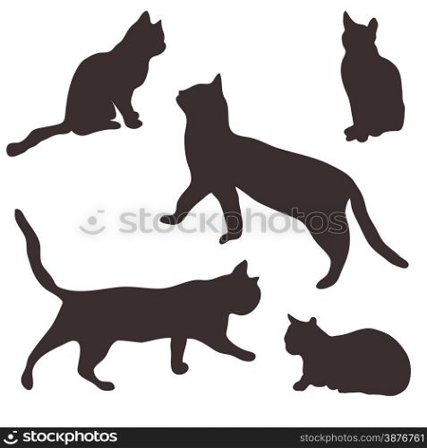Collection of black silhouettes of cats in different poses on white background