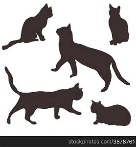 Collection of black silhouettes of cats in different poses on white background