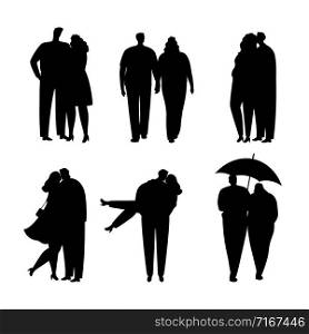 Collection of black silhouettes of couples in love. Guy and girl hug and kiss. Vector illustration. Collection of black silhouettes of couples in love. Vector illustration