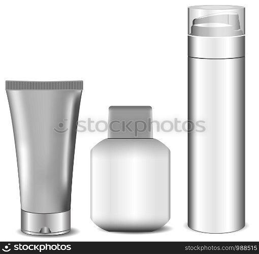 Collection of blank white men cosmetic tubes. Set of body and face care products for men. White design plastic package. Shaving foam, men's soothing after shave, cream. Eps10 Vector illustration.. Collection of blank white men cosmetic tubes. 3d
