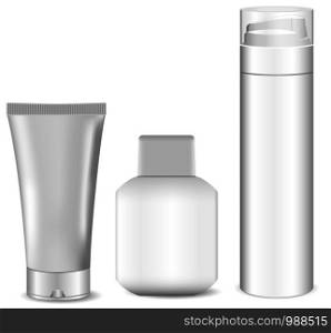 Collection of blank white men cosmetic tubes. Set of body and face care products for men. White design plastic package. Shaving foam, men's soothing after shave, cream. Eps10 Vector illustration.. Collection of blank white men cosmetic tubes. 3d